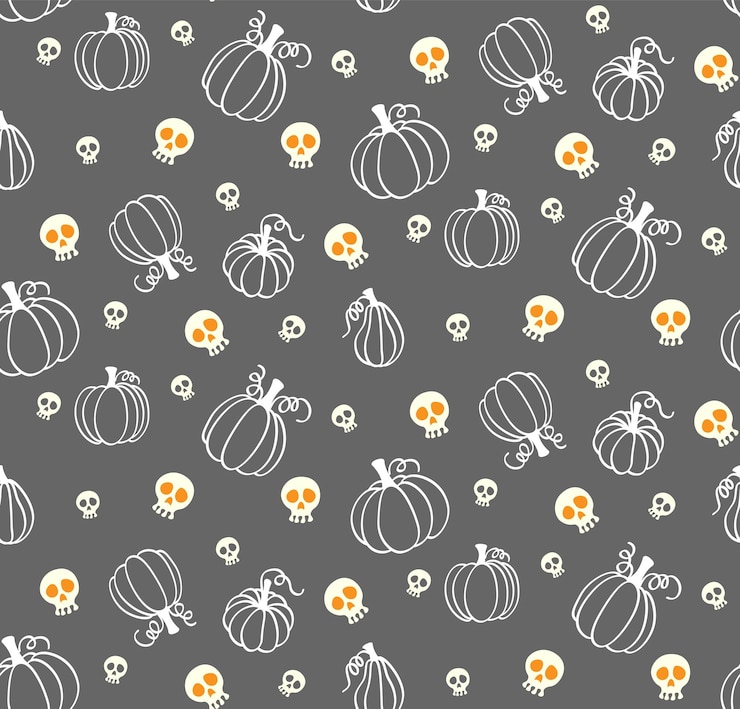 Vector cute white skull and pumpkins seamless pattern