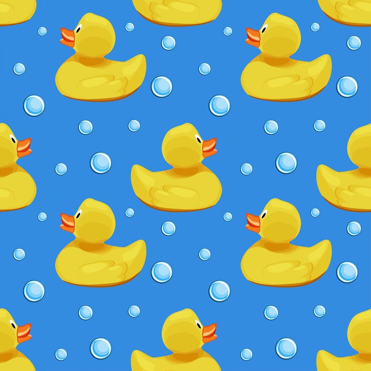 Vector cute yellow rubber ducks, ducklings and soap bubbles on blue water background seamless pattern.