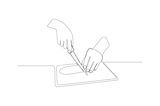 Cutting cucumber with a knife single line art drawing Cutting vegetables concept outline vector