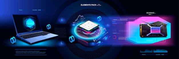 cyber banner with powerful processor video card laptop concept banner with modern cpu processor