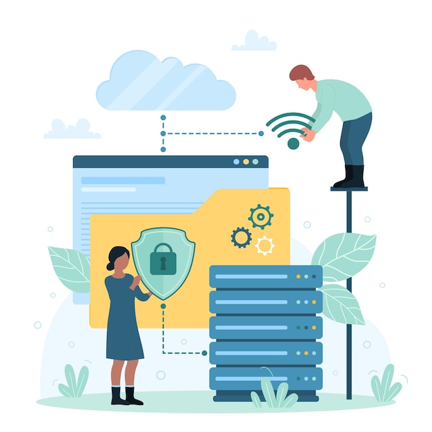 Cyber safety software digital technology tiny people protect data in computer server