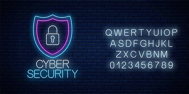 Cyber security glowing neon sign with alphabet on dark brick wall background. Internet protection symbol with shield and padlock. Vector illustration.