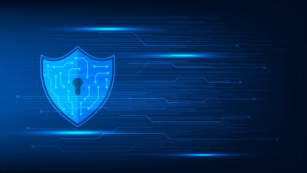 cyber security technology concept digital shield with virtual screen on dark blue background