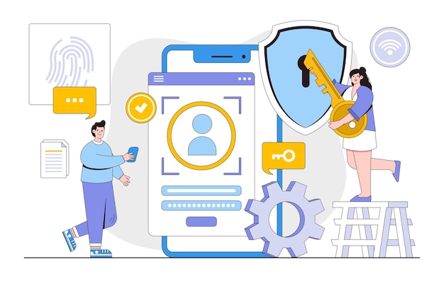 Cyber security vector illustration concept with characters Data security protected access control privacy data protection Modern flat style for landing page web banner infographics hero images