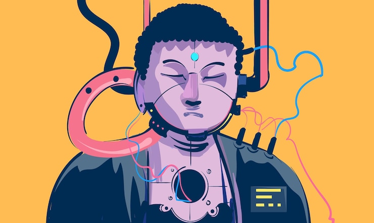 Vector cyberpunk sci fi buddha   illustration