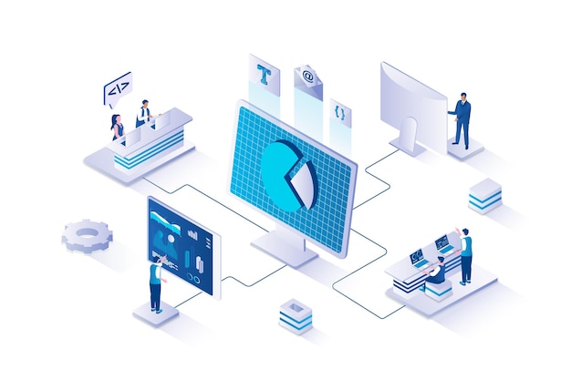 Cyberspace management 3d isometric concept with isometry people design for web People uploading digital files processing storing and sharing data using cloud technology Vector illustration