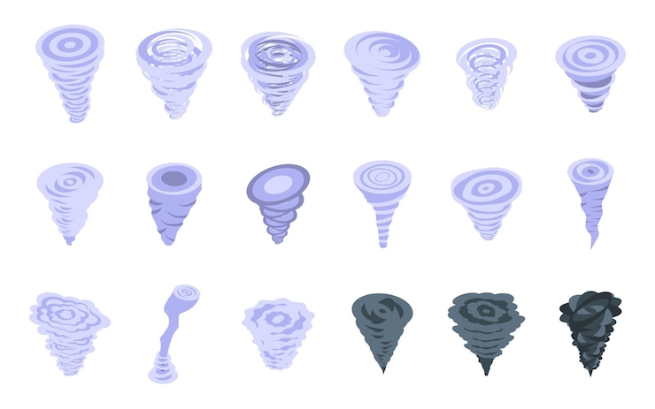 Vector cyclone twister cloud icons set isometric vector tornado wind storm twister