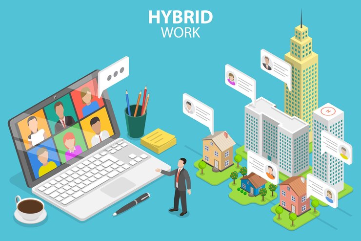 Vector d isometric flat vector conceptual illustration of hybrid work remotely work from home