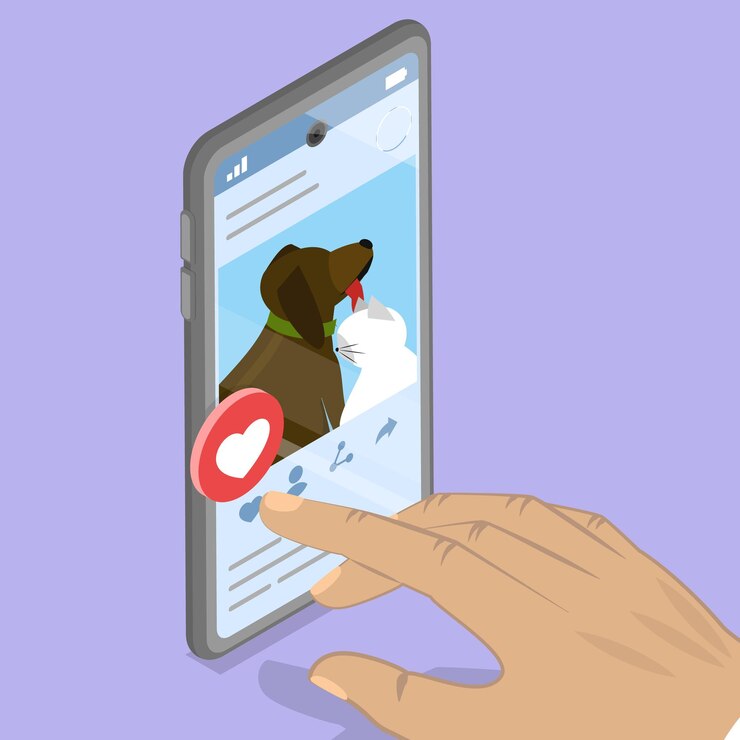 Vector d isometric flat vector illustration of social network a person holding smartphone with pet online
