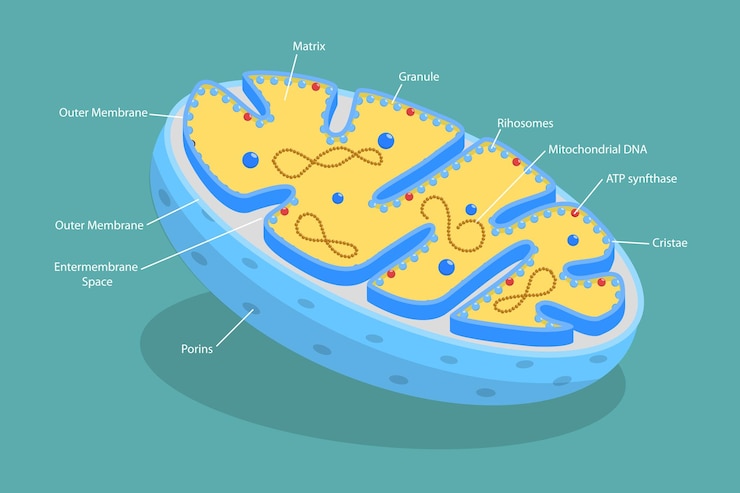 Vector d isometric flat vector illustration of sturcture of mitochondria organizational arrangement