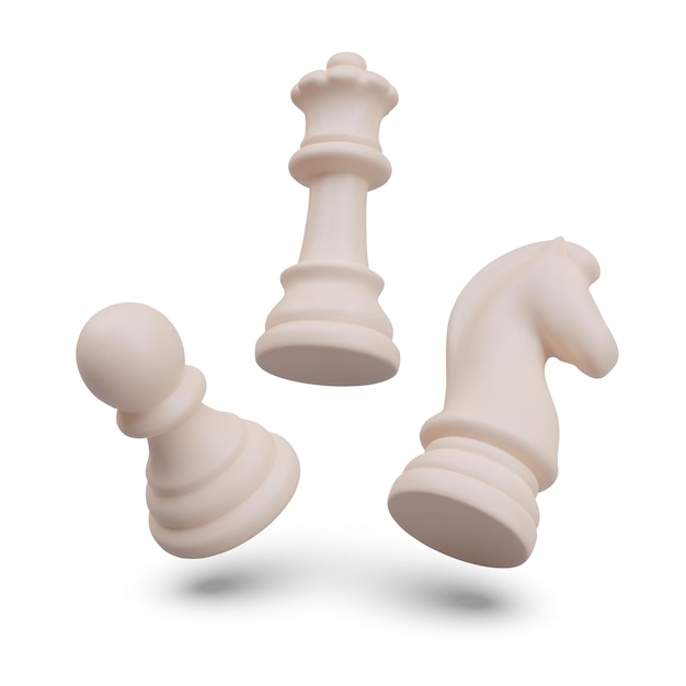 D white chess queen pawn knight in floating position vector template