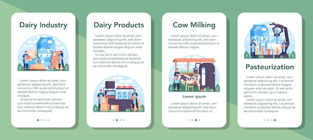 Dairy production industry mobile application banner set. Dairy natural product for breakfast. Cow milking, dairy pasteurization, fermentation and milk, cheese, butter making. Flat vector illustration