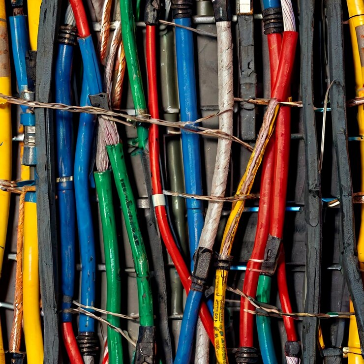Vector damaged electric cables electric wiring circuit with broken insulation energy conductor and voltage