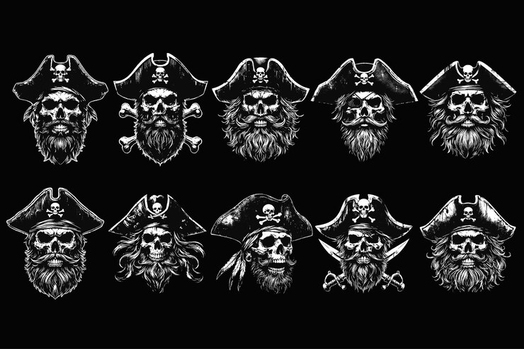 Dark Art Pirates Skull Head with Double Sword Black and White Illustration