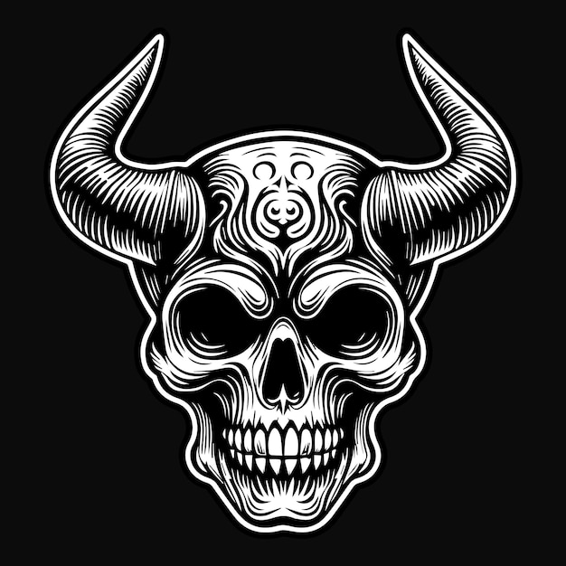 dark art skull devil with sharp horn black and white illustration