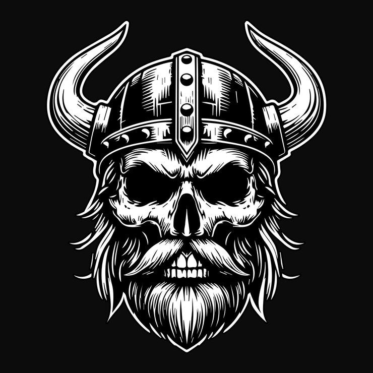 Dark Art Viking Skull Head with Viking Hat and Beard Black and White Illustration
