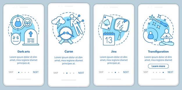 Dark magic onboarding mobile app page screen with linear concepts. Transfiguration, curse spells walkthrough steps graphic instructions. Witchcraft UX, UI, GUI vector template with illustrations