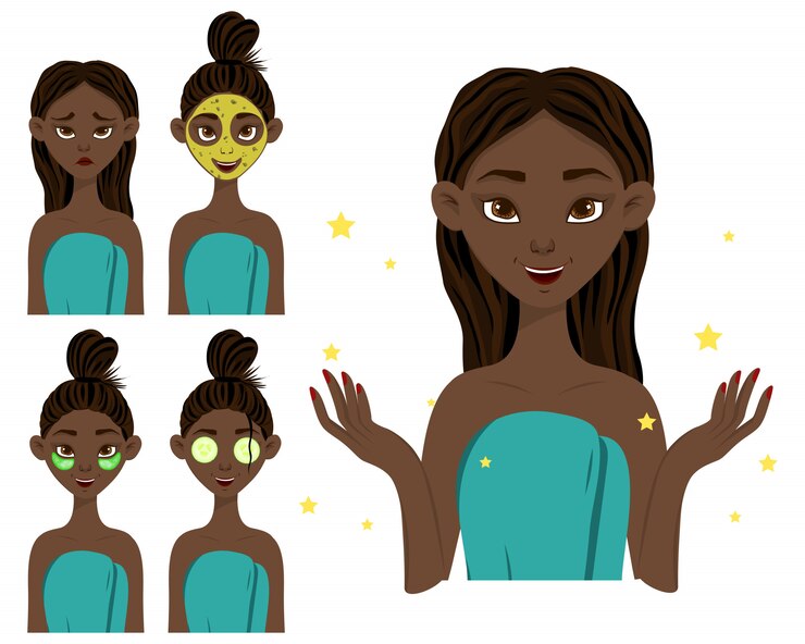 Vector dark-skinned girl before and after applying a beauty mask