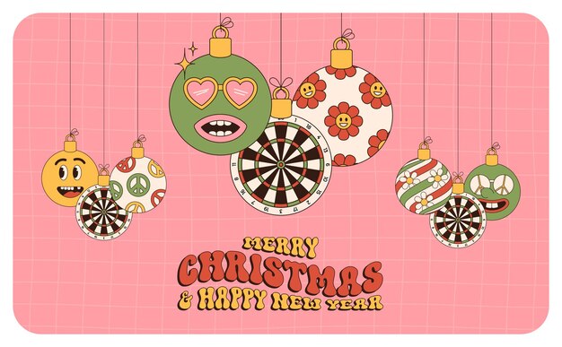 dart Merry Christmas and Happy New Year groovy Sports greeting card Hanging ball as a groovy Christmas ball on vibrant background Vector illustration