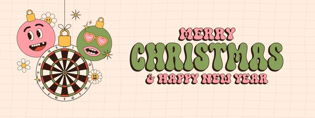 dart Merry Christmas and Happy New Year groovy Sports greeting card Hanging ball as a groovy Christmas ball on vibrant background Vector illustration