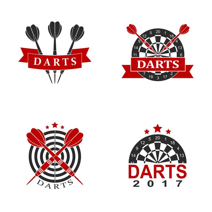 Vector darts set labels sports emblem and symbol dart boards target with darts arrow icon