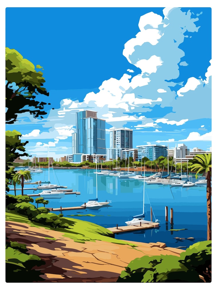 Vector darwin australia deco vintage travel poster souvenir postcard portrait painting wpa illustration