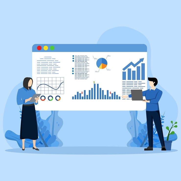 Vector data analysis concept business marketing strategy spreadsheet on screen financial analysis audit