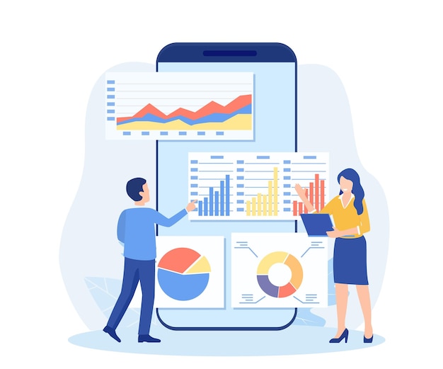 data analytics dashboard and business finance report business people working for data analytics and monitoring on web report business finance investment concept vector illustration in flat style