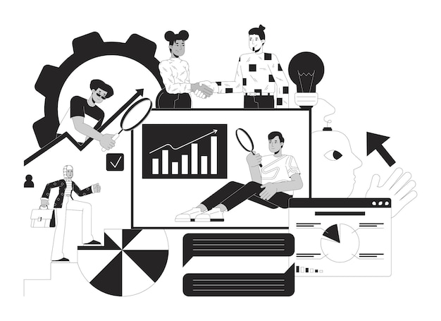 data analytics service black and white 2d illustration concept