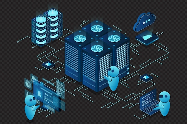 Data center and web hosting isometric concept Cloud computing storage Isometric server room rack Vector illustration