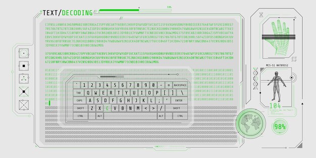 Data entry and text decoding on futuristic interface screen