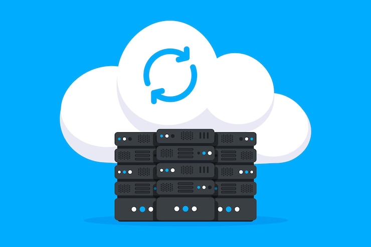 Vector data hosting servers connected to cloud cloud data storage data storage network technology online cloud computing server cabinets memory and information transfer security and protection