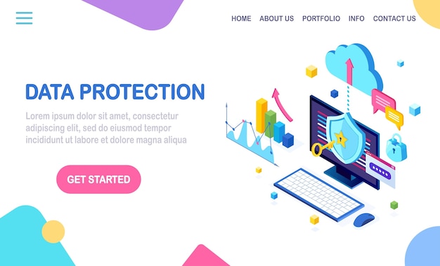 Data protection. Internet security, privacy access with password.  isometric computer pc with key, lock.   
