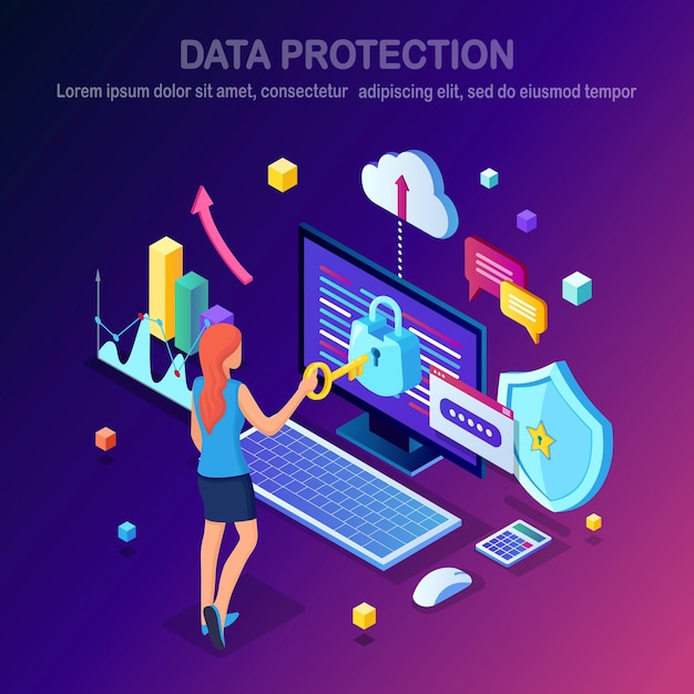 Data protection. Internet security, privacy access with password Isometric woman, computer with lock