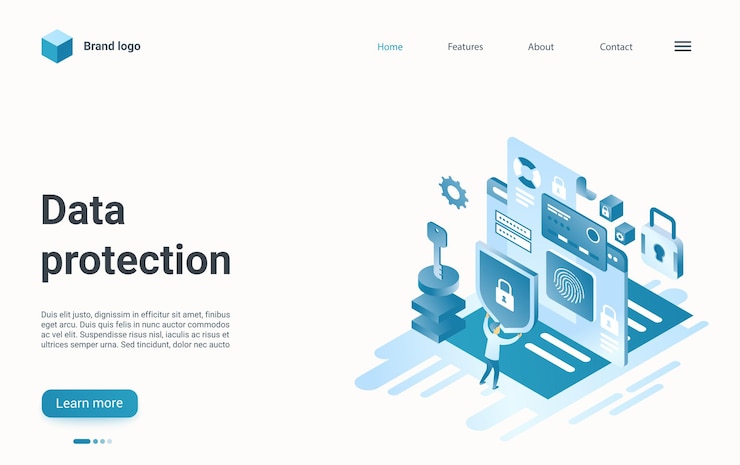 Vector data protection isometric landing page internet technology to protect information
