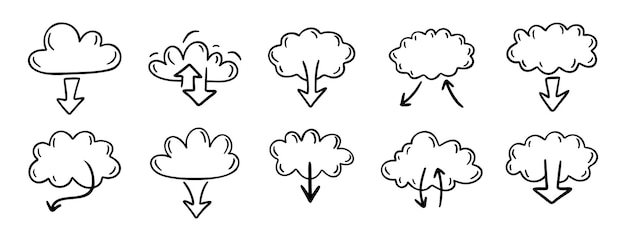 data server cloud with arrow for internet database digital storage doodle hand drawn icon set Outline drawing data server cloud line clipart symbol collection