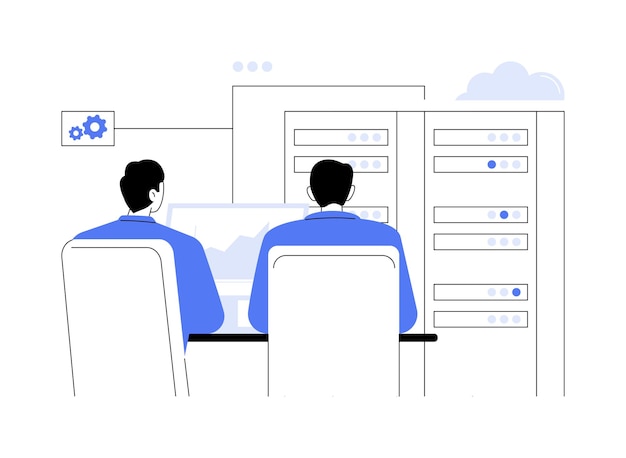 database software abstract concept vector illustration people sit at table with laptop and work with database files professional software on computer screen it technology abstract metaphor