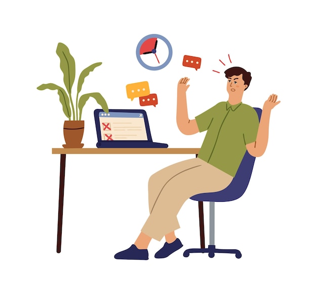 Deadline work Time management home office worker Geek freelance remote employee sitting with laptop with many red messages vector concept