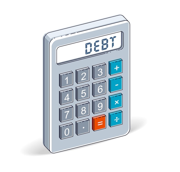 Debt concept, calculator with debt lettering isolated on white background. Vector 3d isometric business and finance illustration.
