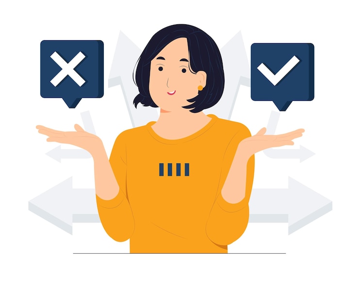 Vector decision between right or left yes or no business decisions ethical dilemma choose choice undecided and feeling confused concept illustration