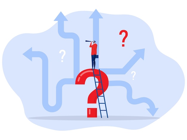 Decision making concept Businessman looking binoculars on question mark about career path work