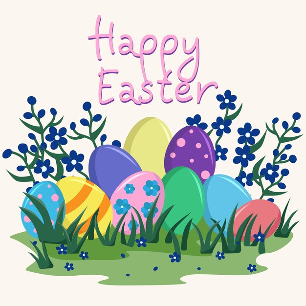 Decorated eggs in the grass with flowers