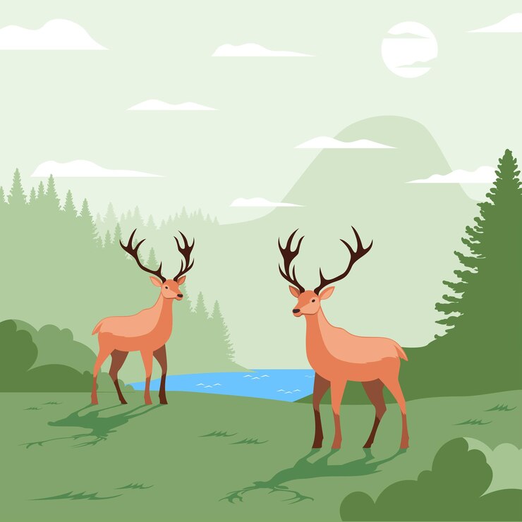 Deer in the Meadow of the Forest Landscape Flat Illustration