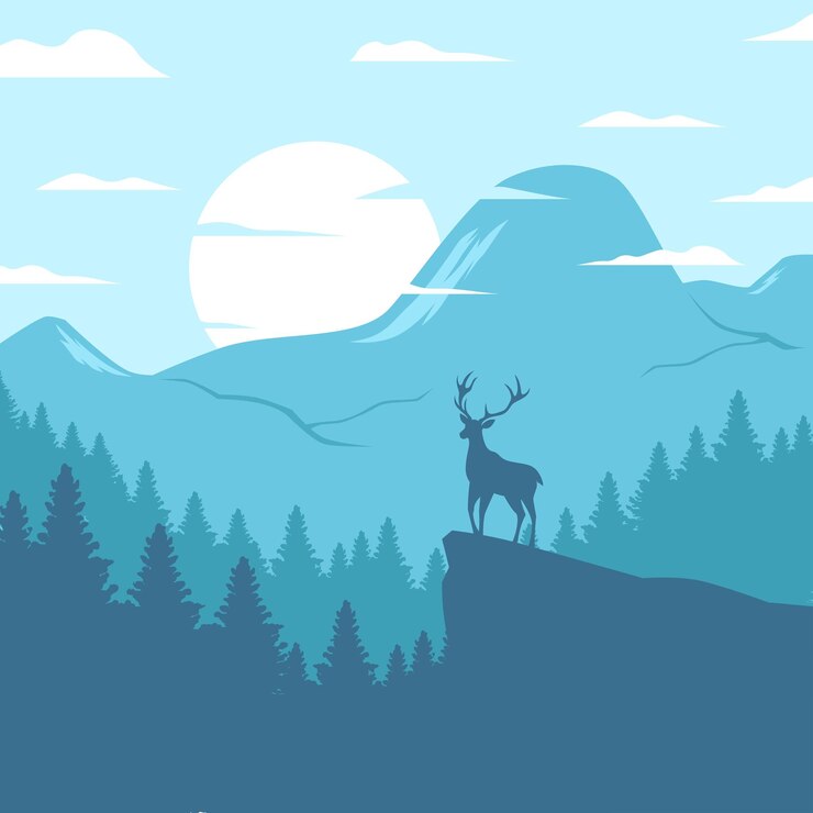 Vector deer silhouette forest landscape blue flat illustration