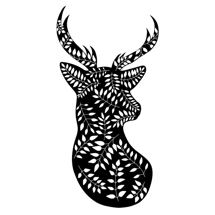 Vector deer silhouette with antlers with leaves inside doodle line cartoon