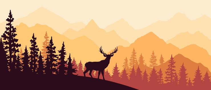 Vector deer silhouetted by vibrant mountains