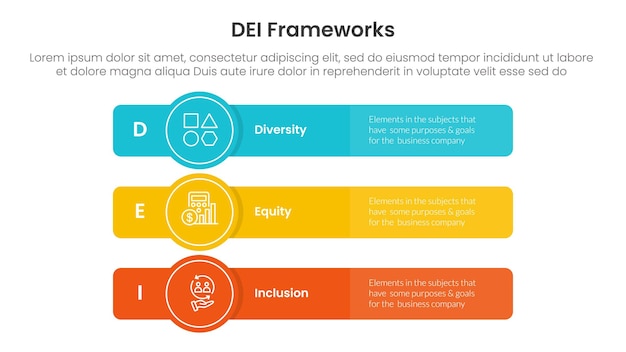 DEI organizational frameworks infographic 3 point with long rectangle box with circle badge for slide presentation