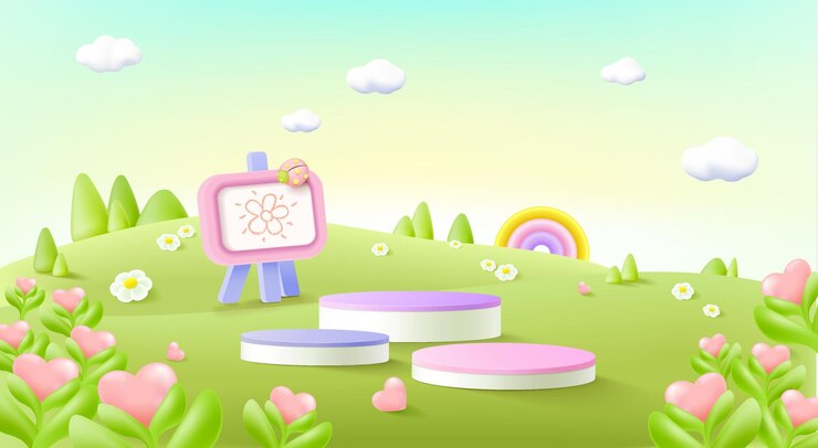 Dekorasi panggung dengan bentuk pohon alas 3D pemandangan alami atau platform untuk dudukan produk Ilustrasi vektor Podium untuk presentasi produk anak-anak