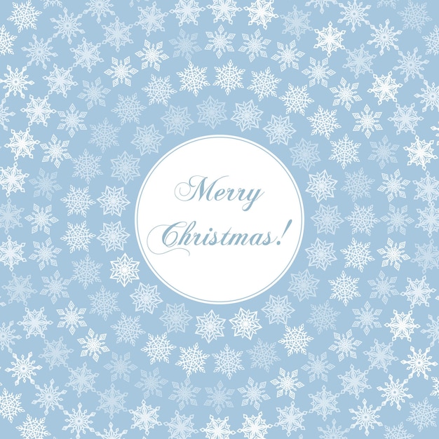 Delicate Merry Christmas Greeting Card with Words on Round and Fine White Snowflakes on Background of Vintage Pastel Blue