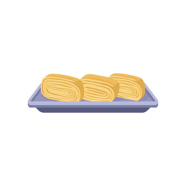 Vector delicious tamagoyaki rolls on purple rectangular plate japanese cuisine asian food flat vector for menu recipe book or promo flyer
